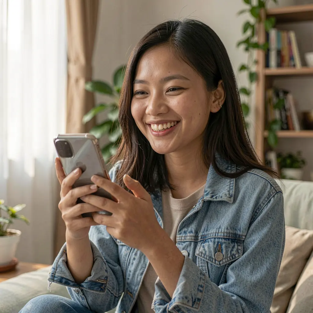 Smiling Filipino woman holding her phone while using the G89 casino app with a comfortable indoor background and natural lighting