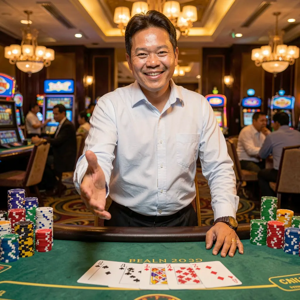G89 Login – Secure and smooth access to your gaming account in the Philippines Confident Filipino casino dealer reaching forward with flying poker chips around representing trusted and modern G89 login in the Philippines